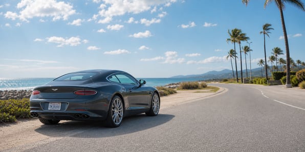 car on a road in sunshine with coastal background