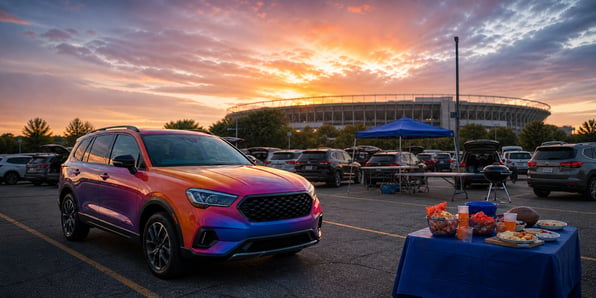 car with a stadium in the background